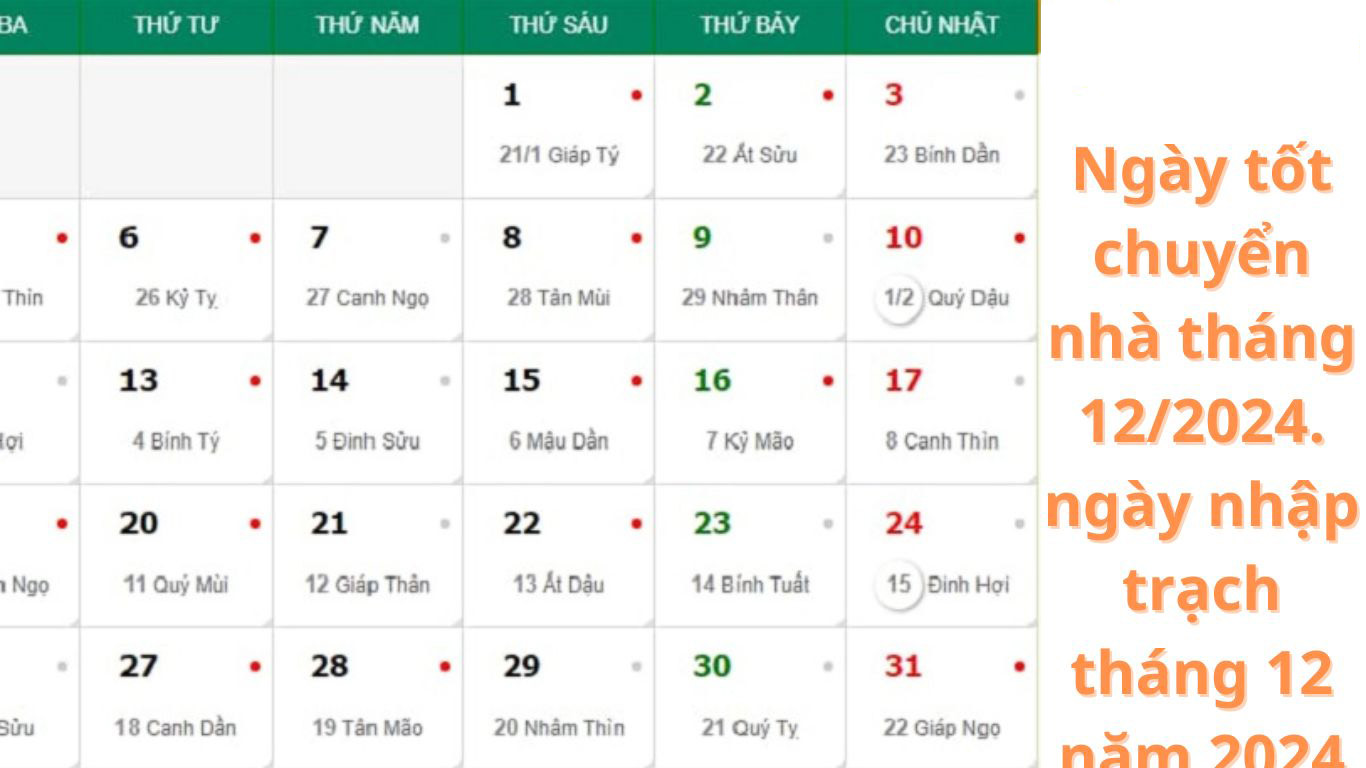 Ngày Tốt Chuyển Nhà Trọn Gói Tháng 12 Năm 2024 – Ngày Tốt Nhập Trạch Tháng 12 năm 2024
